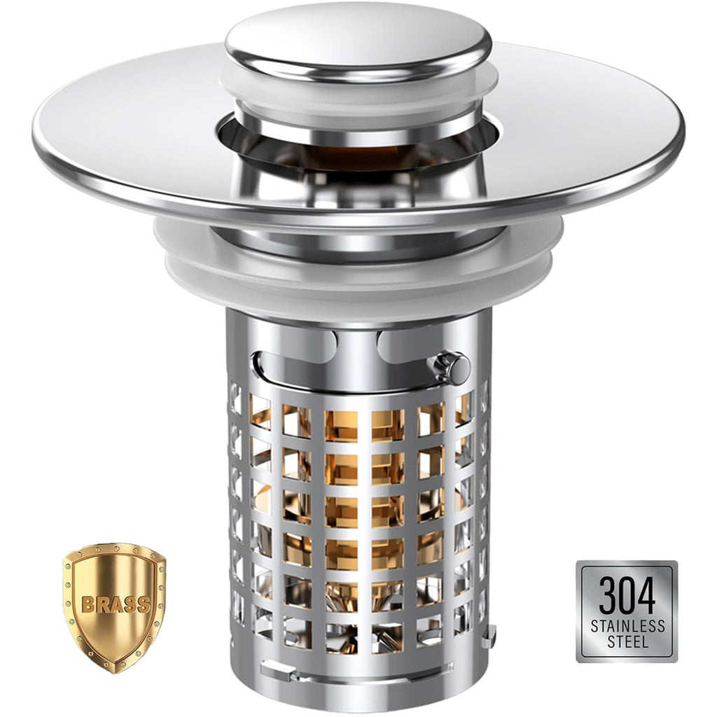 Chrome pop-up sink drain strainer with copper square mesh hair catcher basket