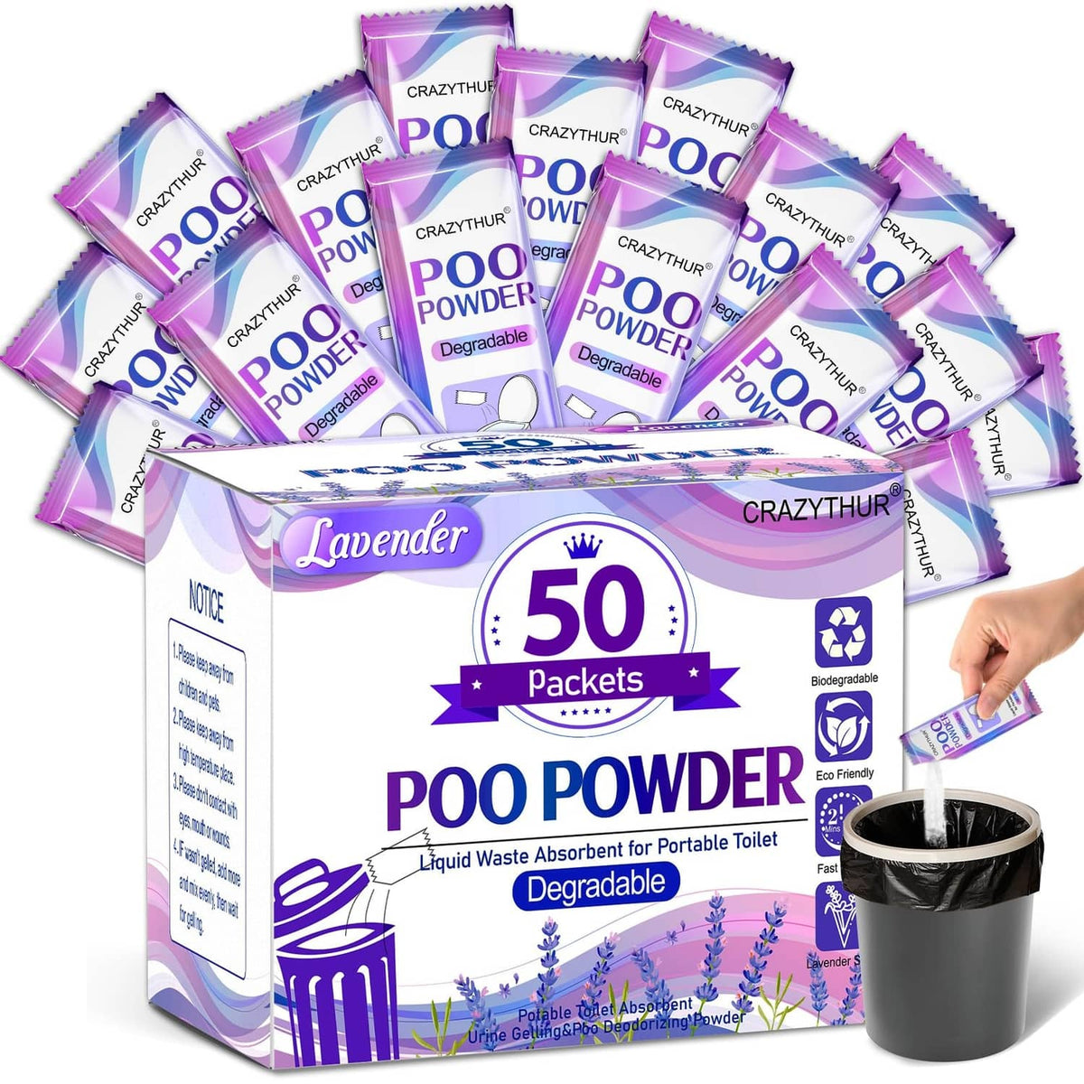 Lavender poo powder packets, pack of 50 for portable toilet gel, 0.35 oz each