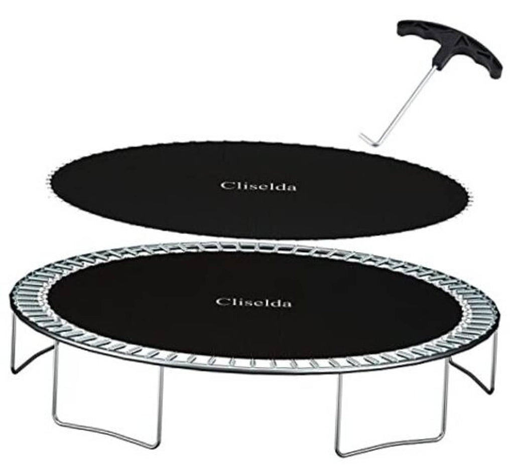 Black round trampoline replacement mat with white spring-guard edge and handle tool