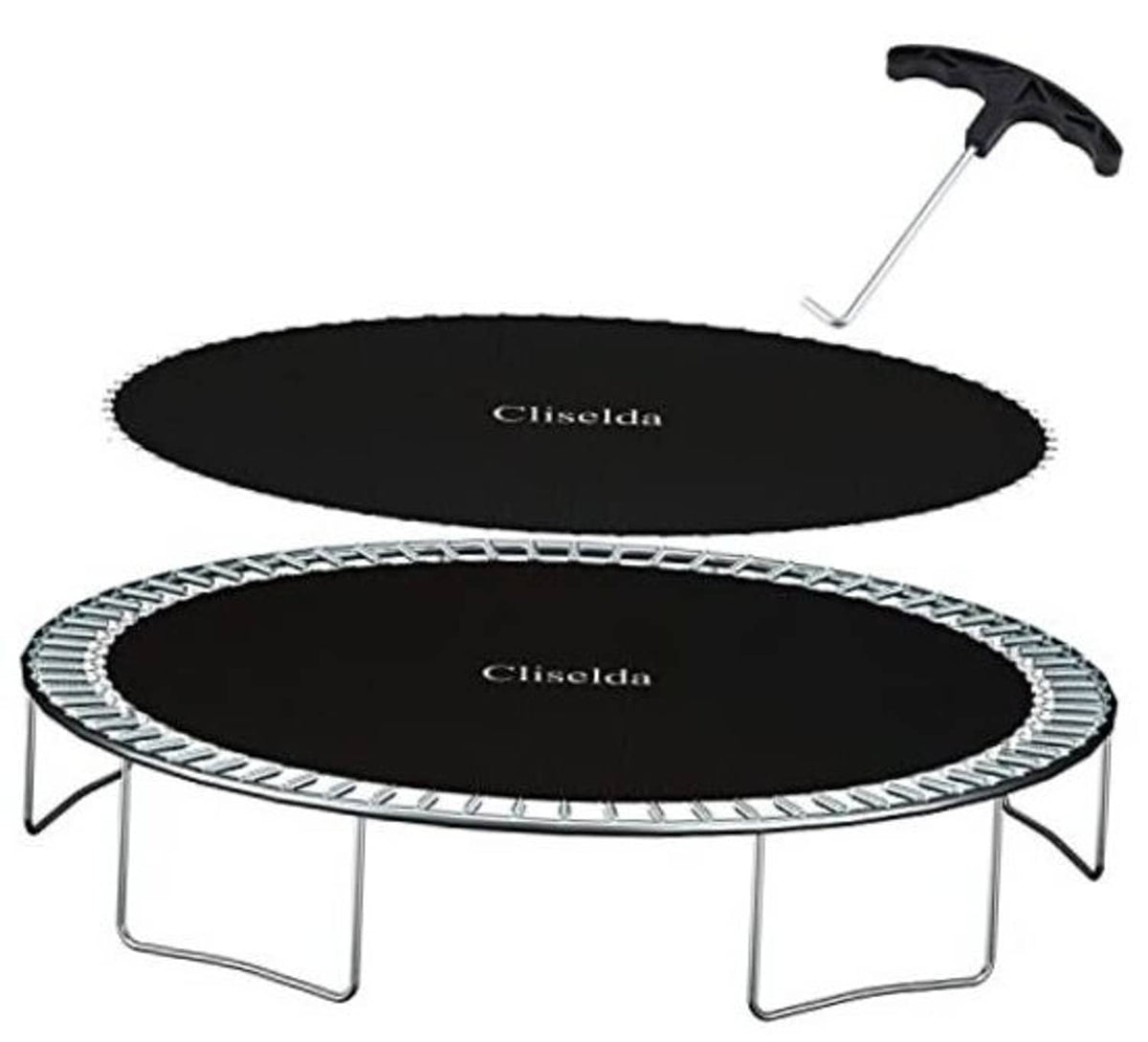 Black round trampoline replacement mat with white spring-guard edge and handle tool