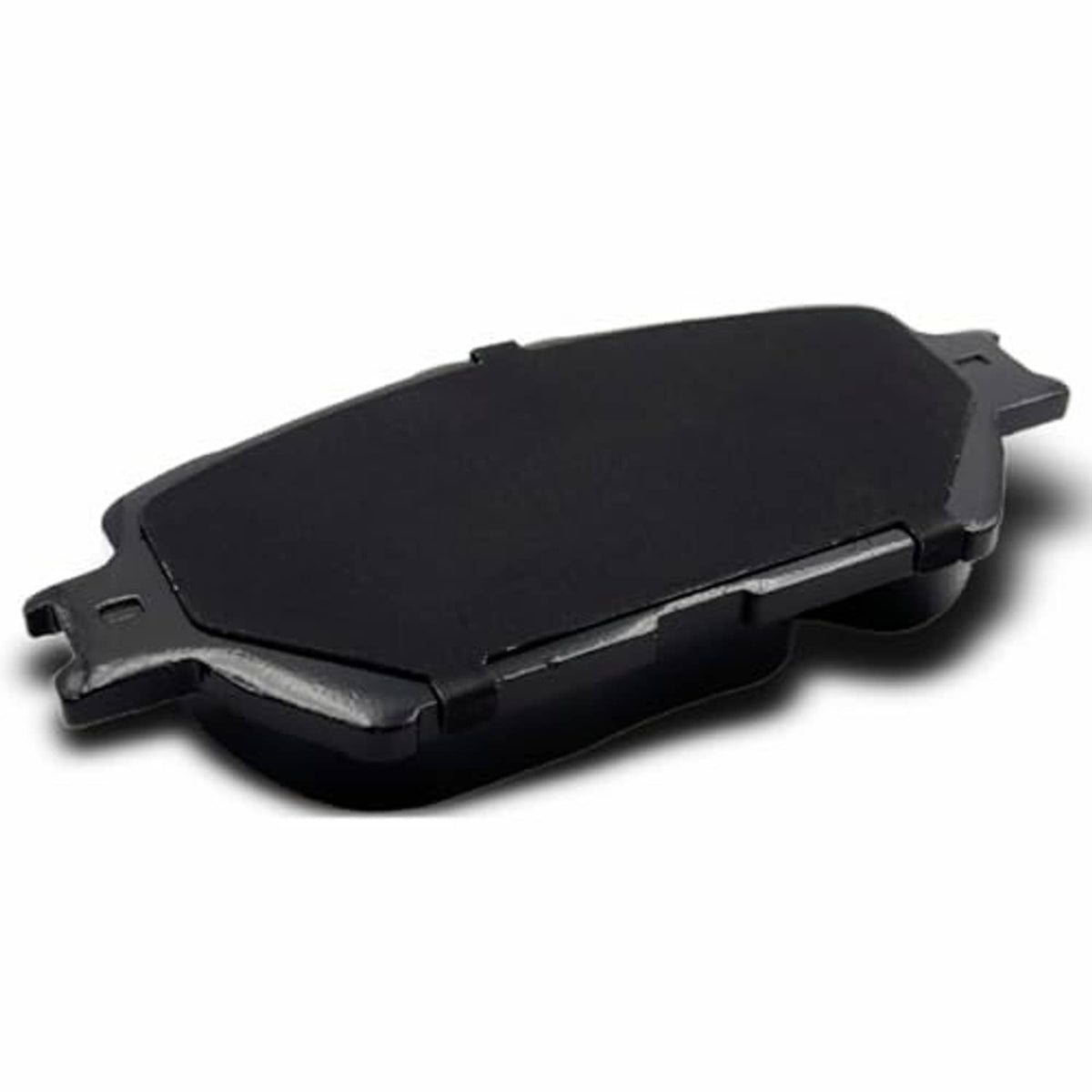 Ceramic brake pad set, dark friction surface with metal clips on the edges