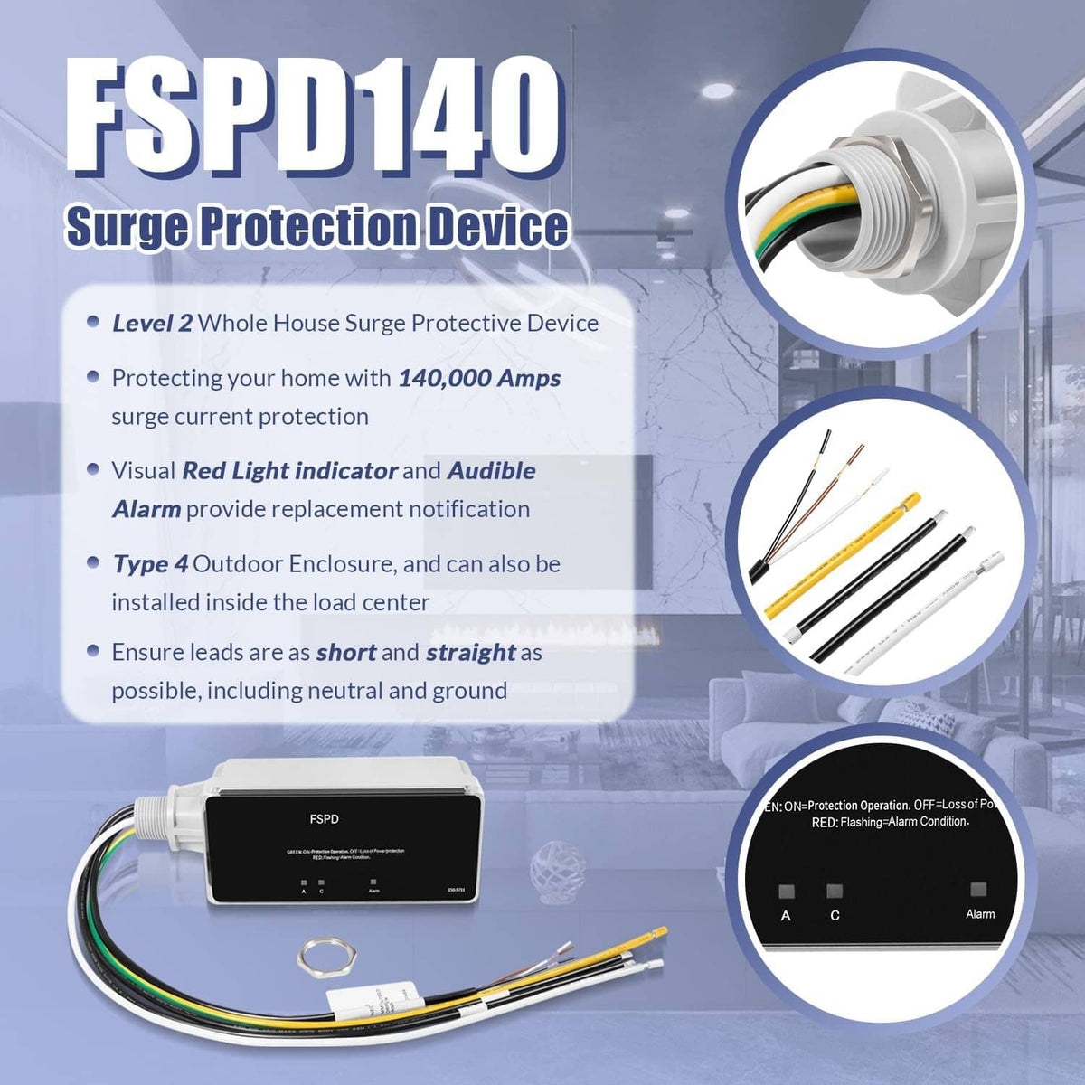 Surge protection device with multicolored wire leads and black indicator panel
