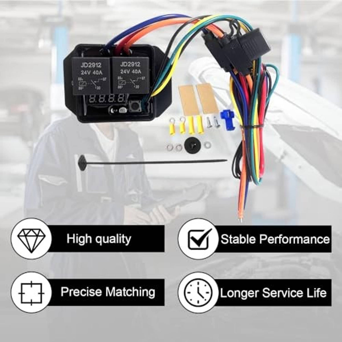 Compact radiator fan controller with dual relays, function panel, and wiring harness