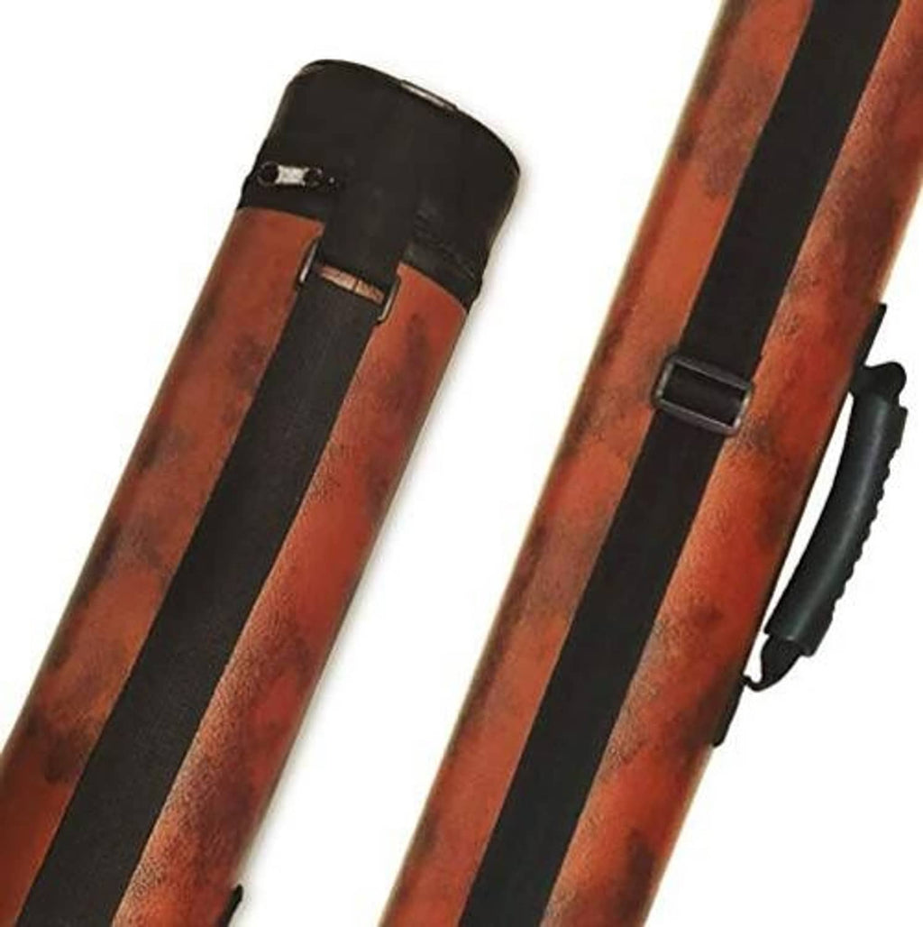 Brown cue case with black center strap and side carrying handle