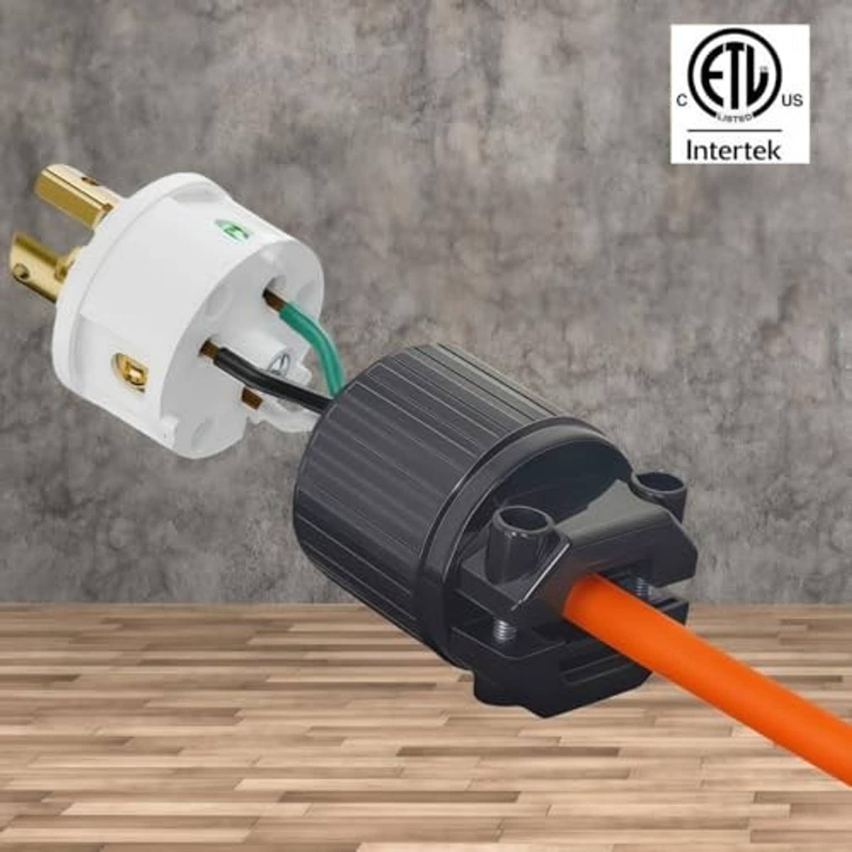 NEMA L5-30P locking plug on orange cord, white face with gold prongs and black housing