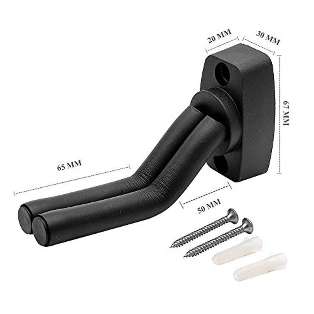 Matte black wall hook guitar hanger with curved double holder; screws and anchors shown