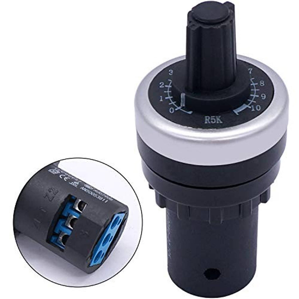 Rotary 5K ohm potentiometer front view with blue terminal block inset