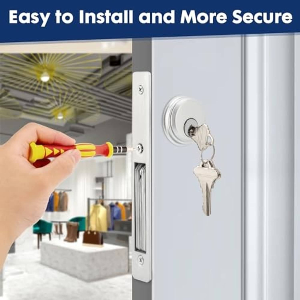 Mortise door lock installed on door with key inserted in the cylinder