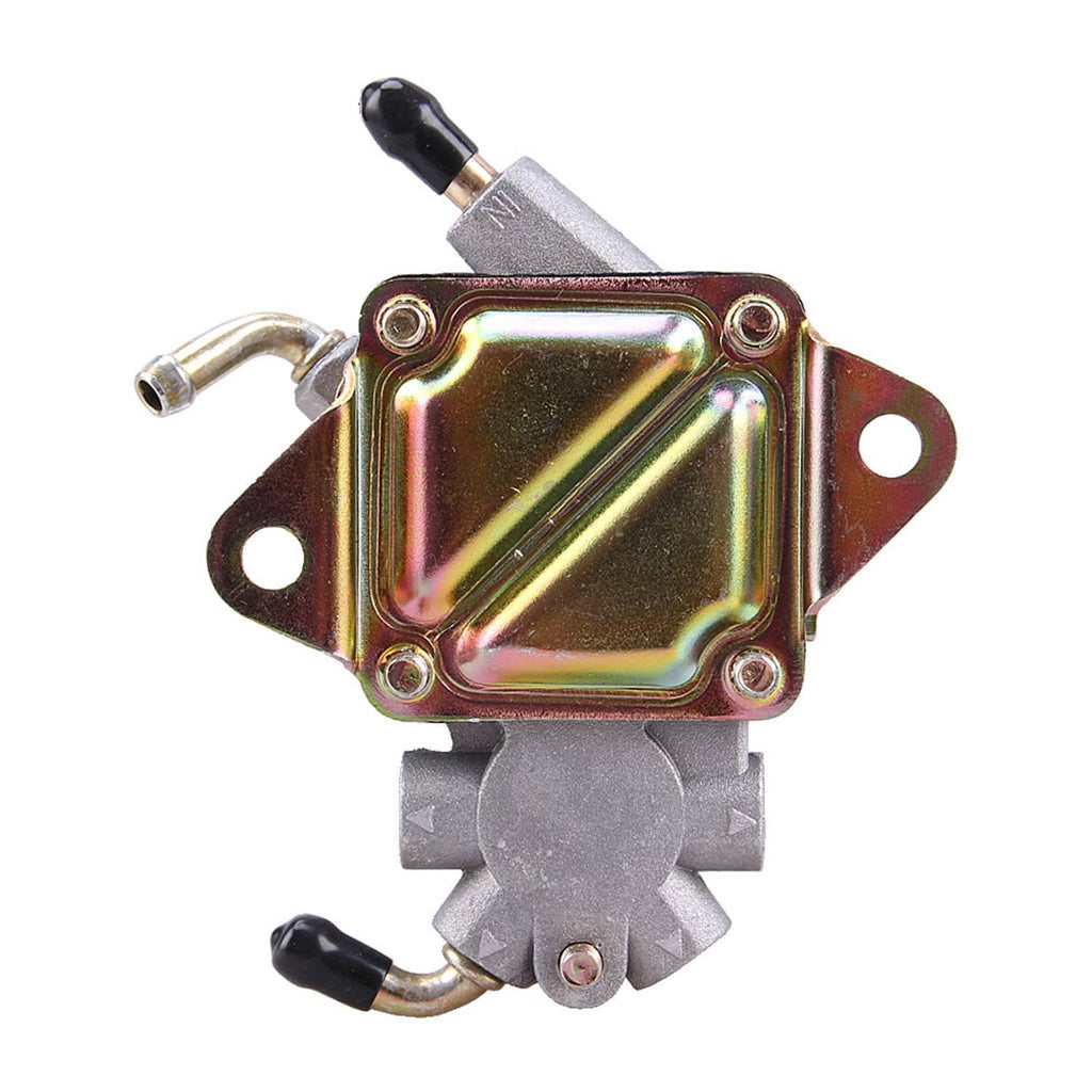 Fuel pump with gold-iridescent cover plate, black connector caps, and outlet pipe