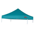Turquoise pop-up canopy top with peaked roof and side valance, secured to frame posts