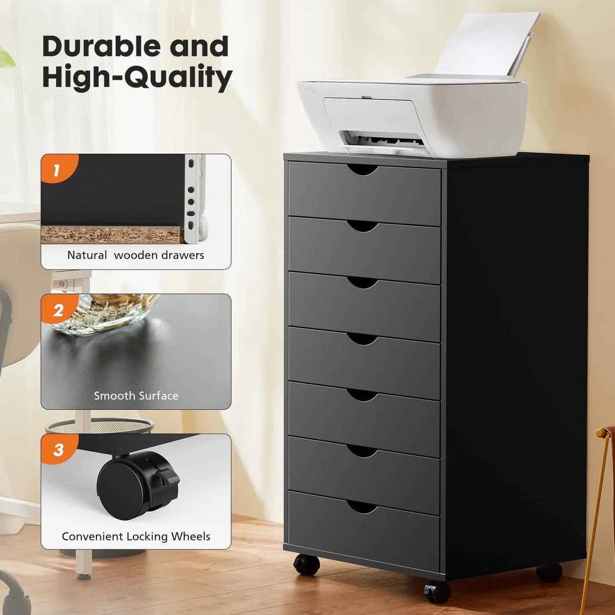 Black 7-drawer printer cabinet with locking caster wheels and smooth drawer fronts