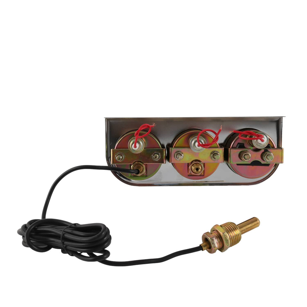 Triple gauge wiring module with metal backplate, red jumpers, and black power cable