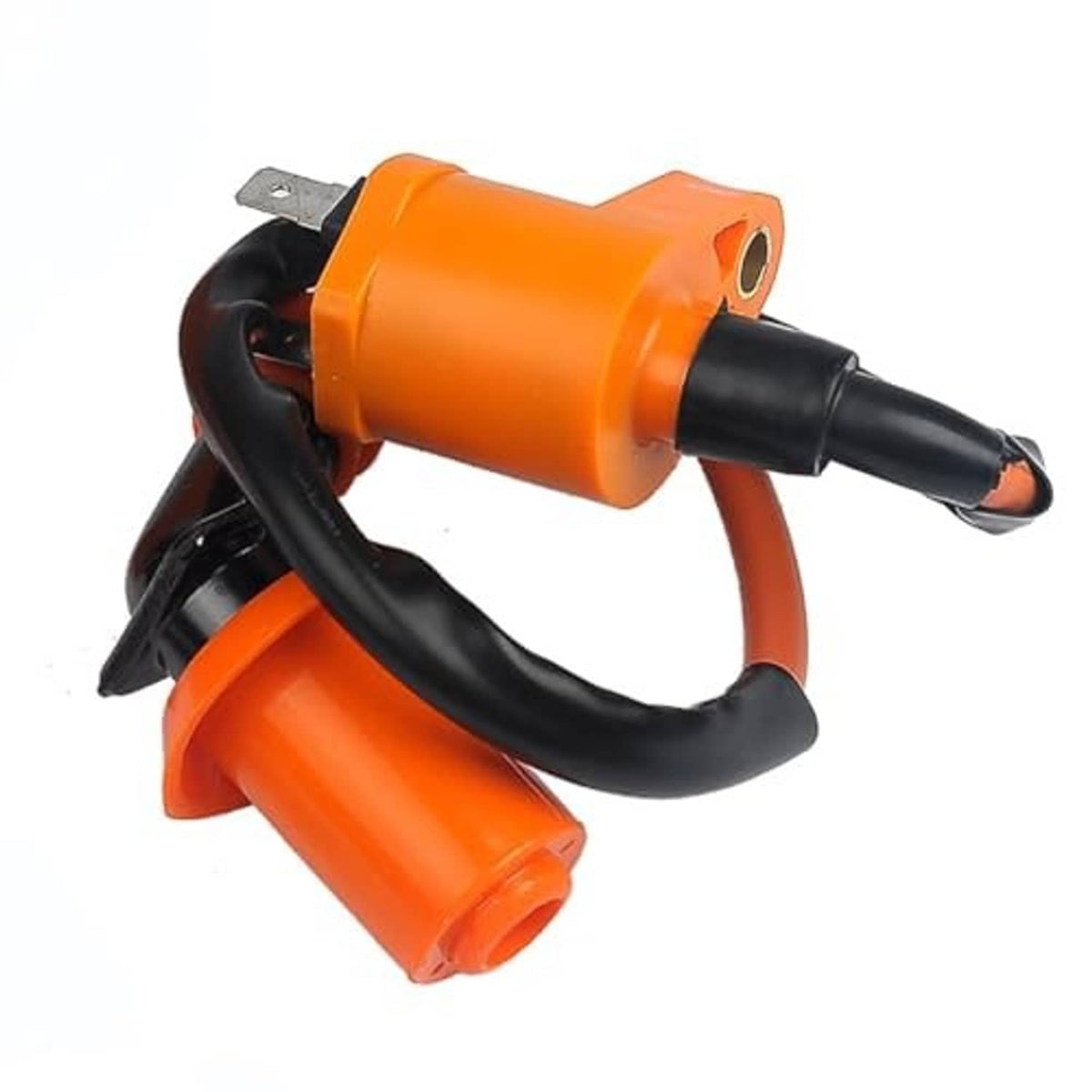 Orange ignition coil module with mounting tab and black lead wires.