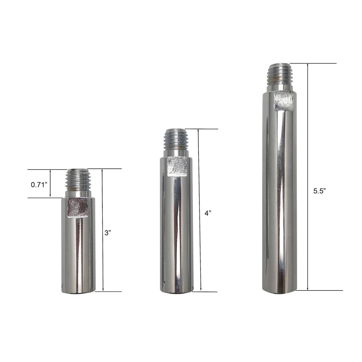 Silver angle grinder extension shaft set with multiple lengths and threaded ends