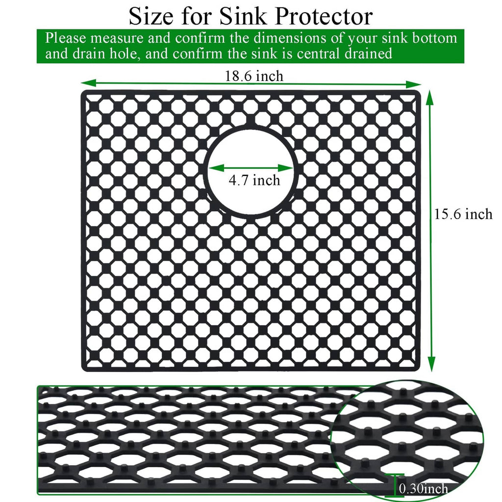 Black silicone sink protector mat with drain hole, hexagonal dot grid, and thickness