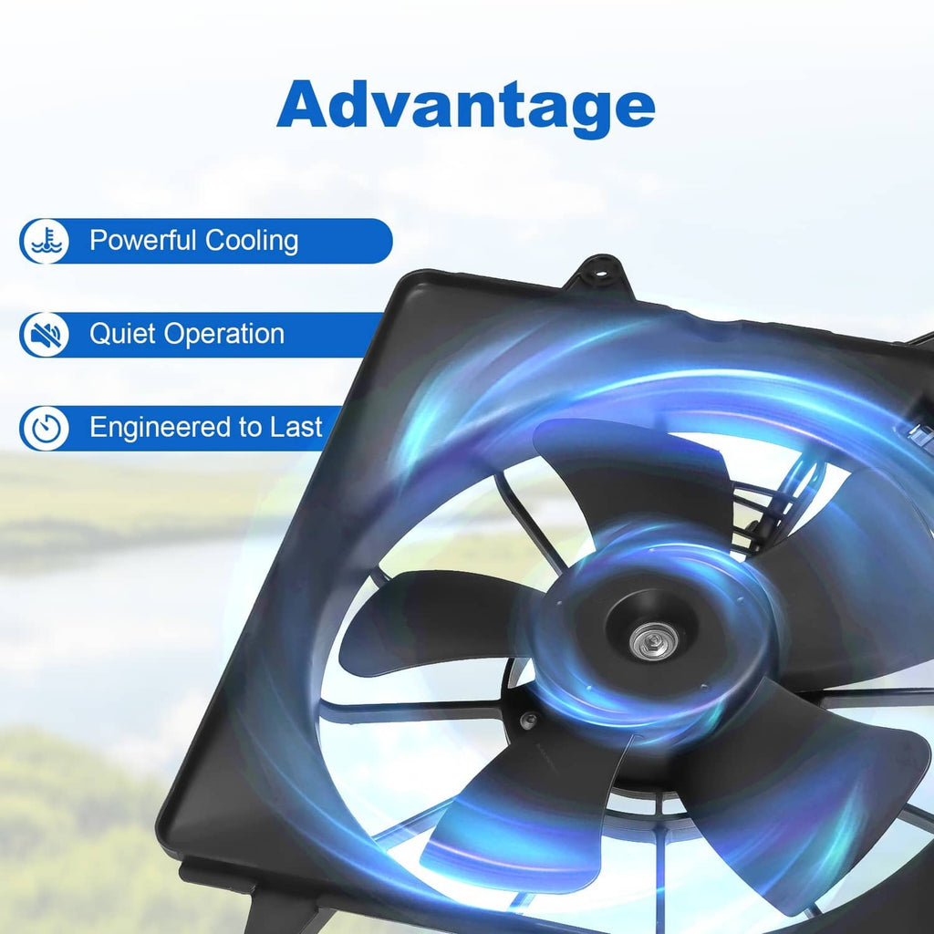 Radiator cooling fan assembly angled view with black blades and motor hub