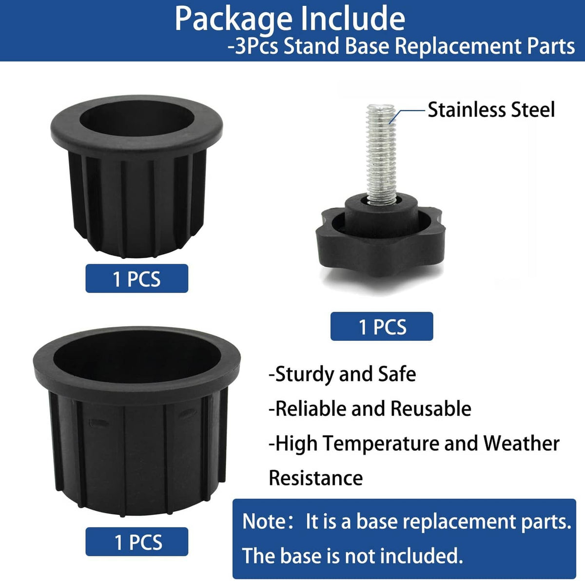 Three-piece black umbrella base stand replacement parts with threaded stainless steel stud