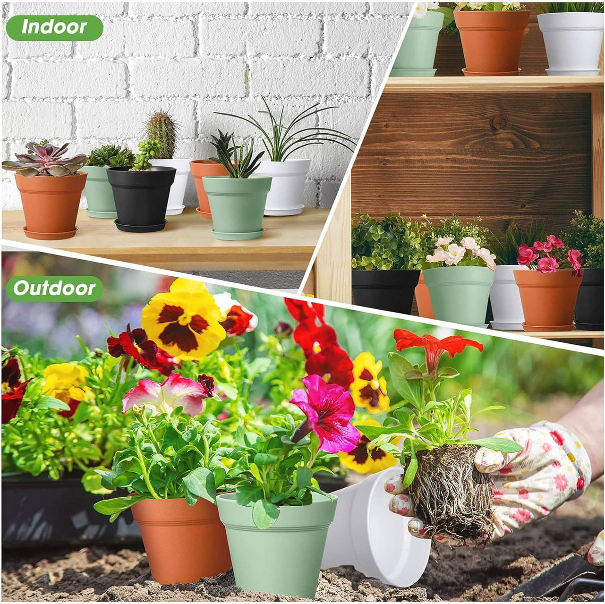 Small plastic plant pots set in mint, orange, black, and white for versatile use.