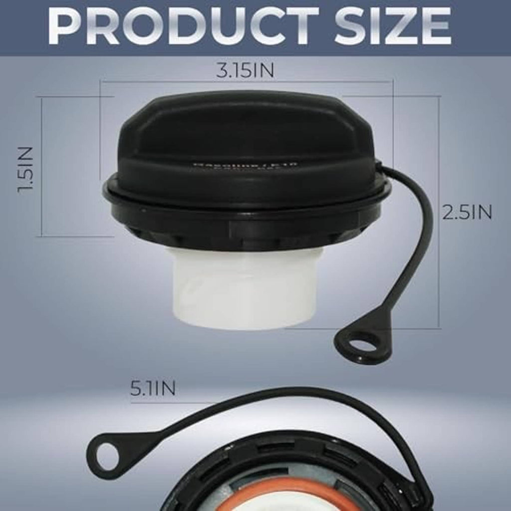 Fuel tank cap with dimensions diagram and tether loop, showing black and white parts