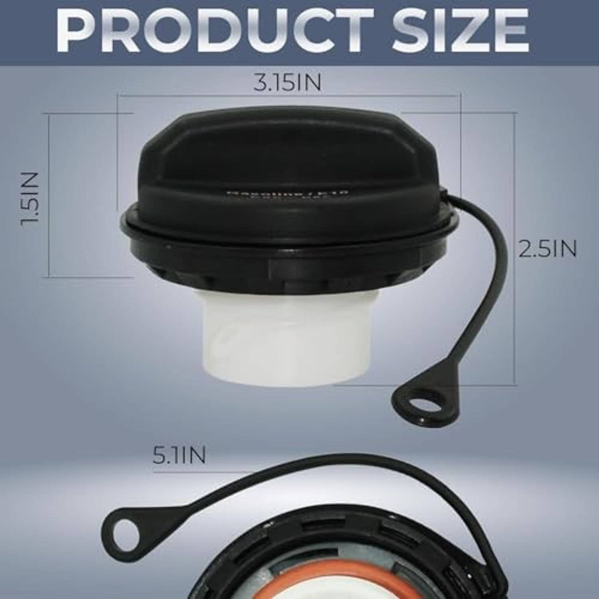 Fuel tank cap with dimensions diagram and tether loop, showing black and white parts