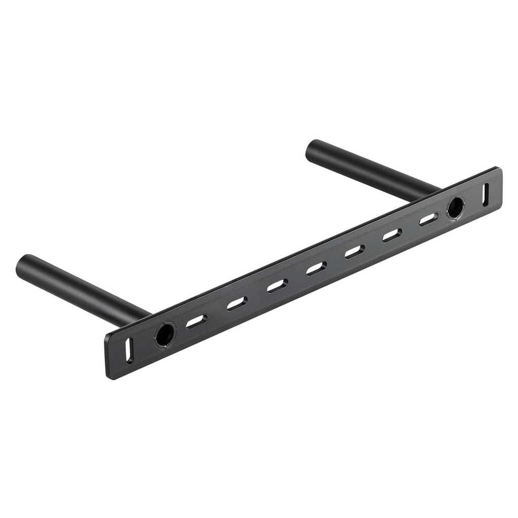 Black floating shelf bracket with two tubes, perforated rail, and side mounting holes