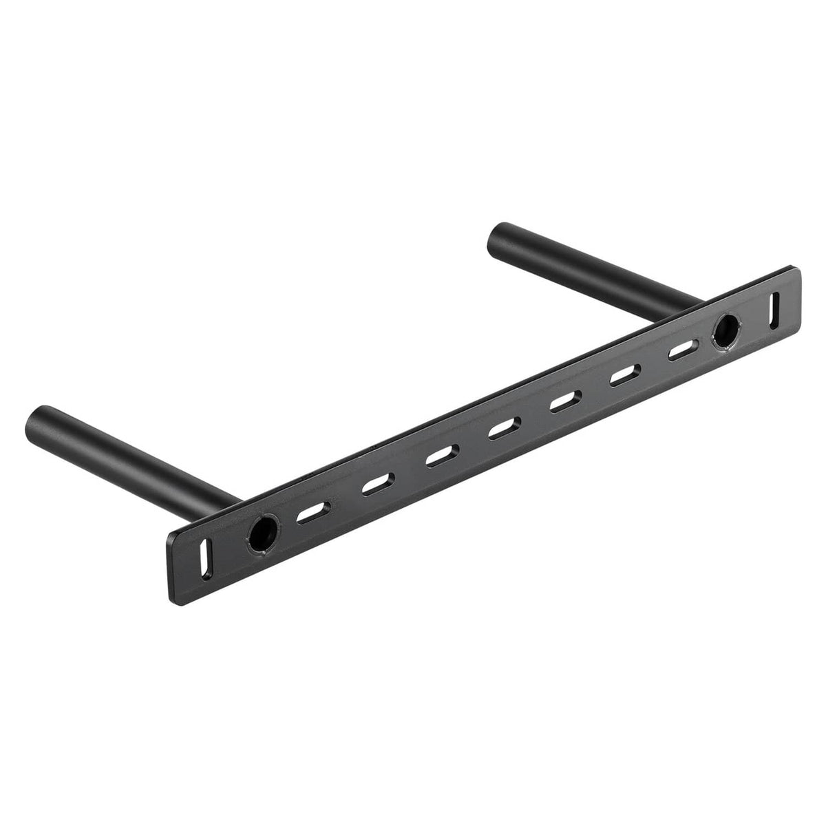 Black floating shelf bracket with two tubes, perforated rail, and side mounting holes