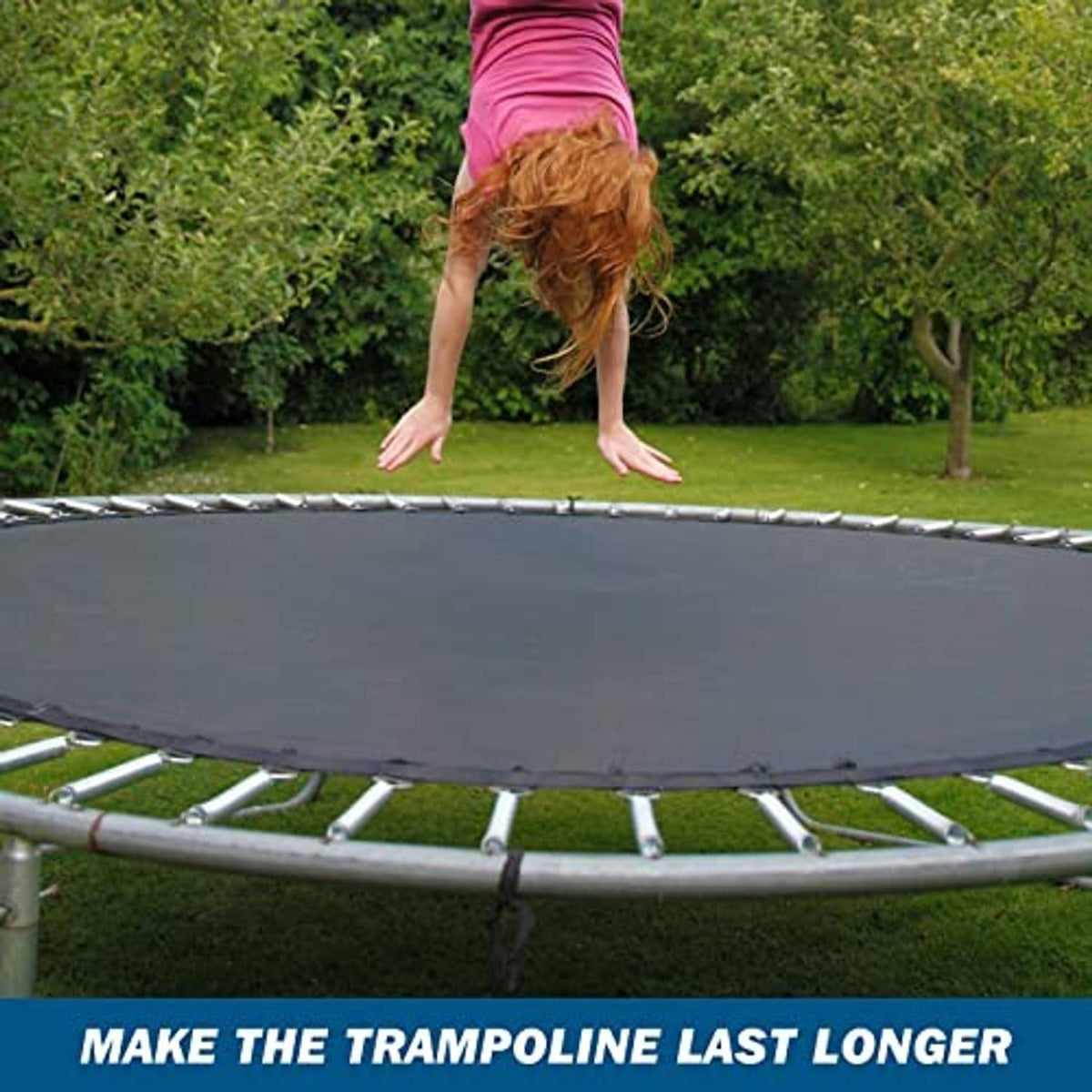 Trampoline with silver replacement springs around the frame and jumping mat