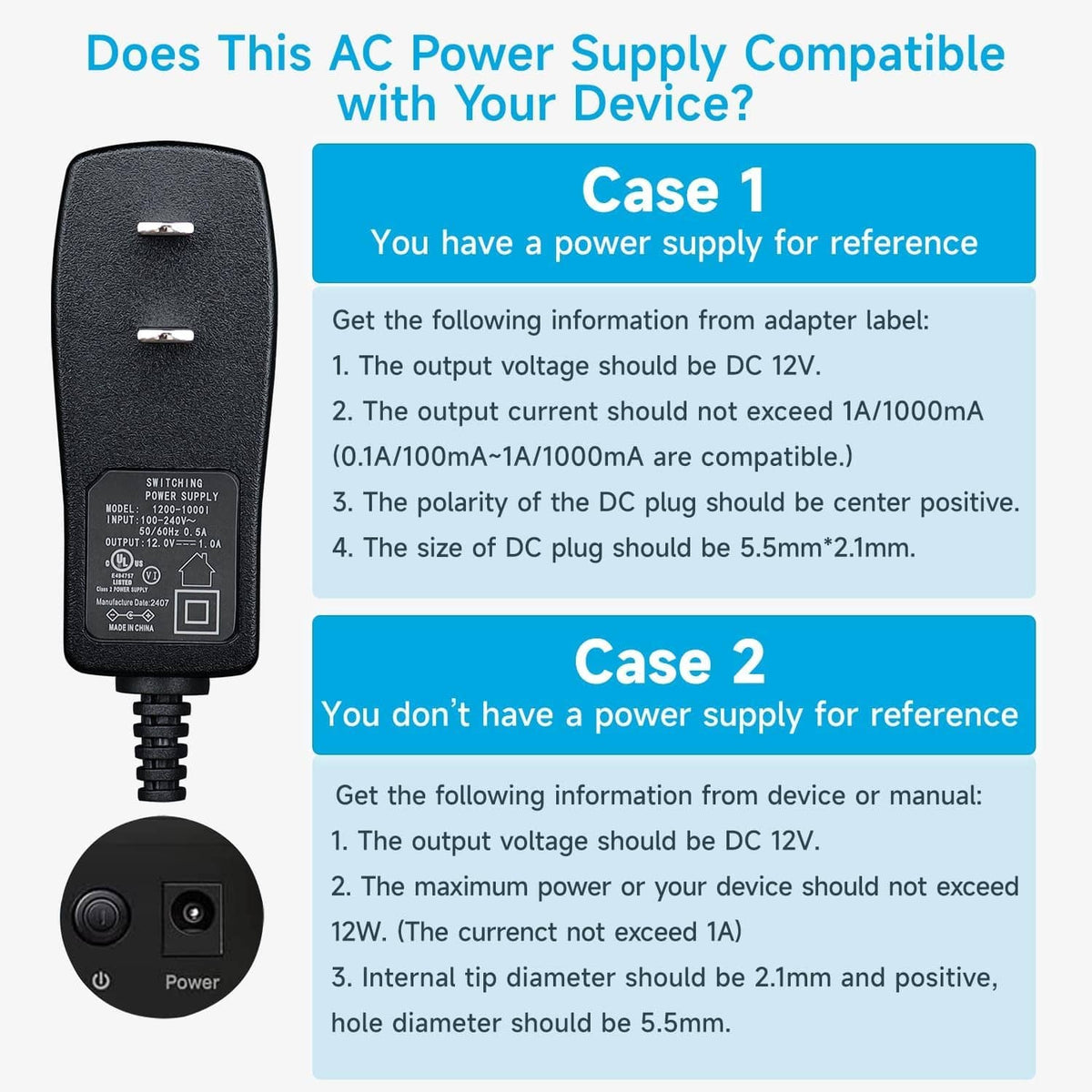 Black 12V power adapter with DC barrel plug for 5.5mm x 2.1mm devices