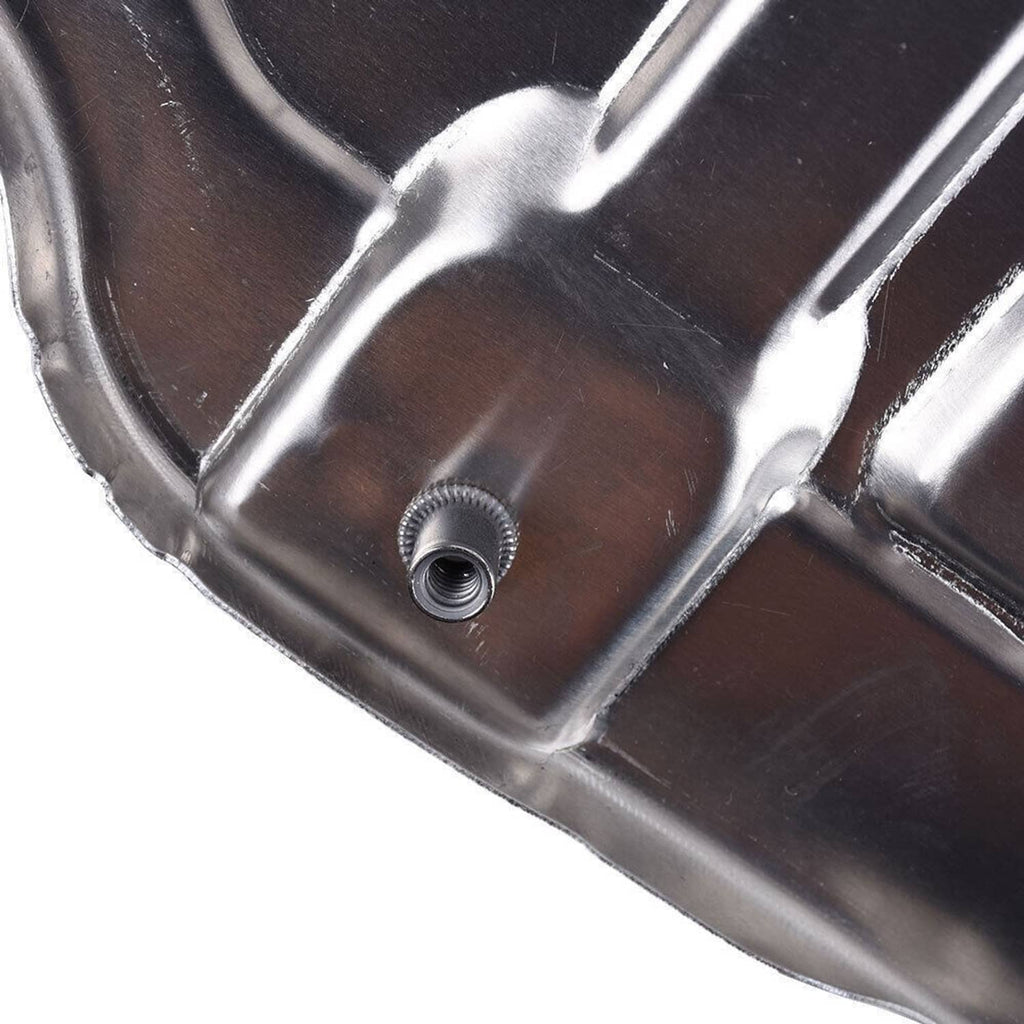 Silver engine shield corner with threaded fastener opening