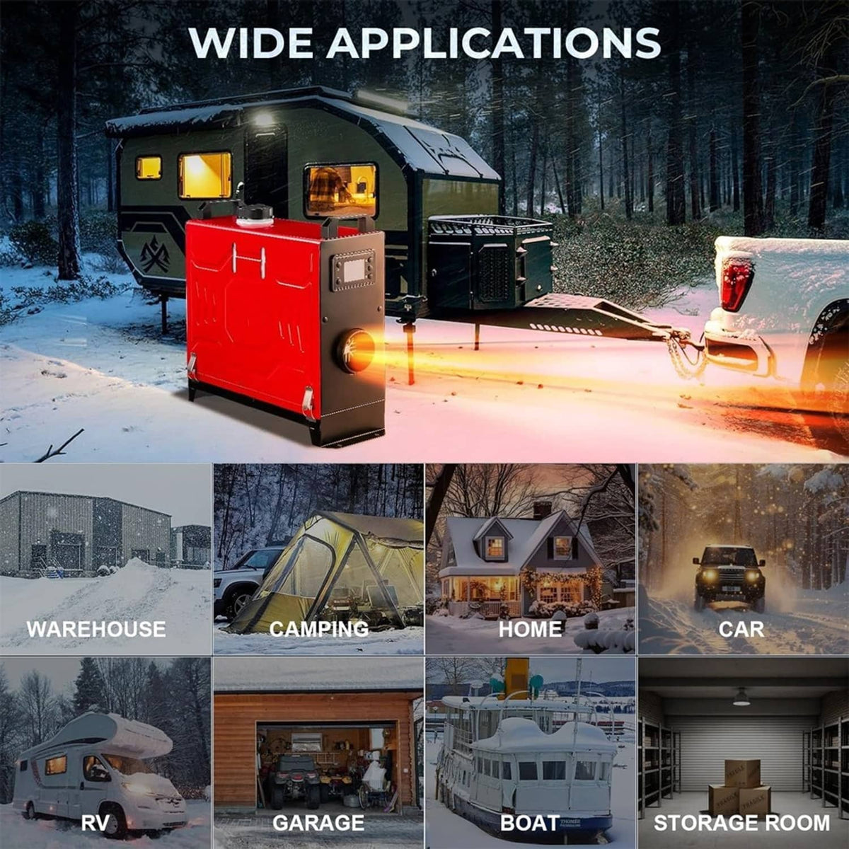 Red diesel air heater unit for wide use powering vehicle and outdoor spaces in winter