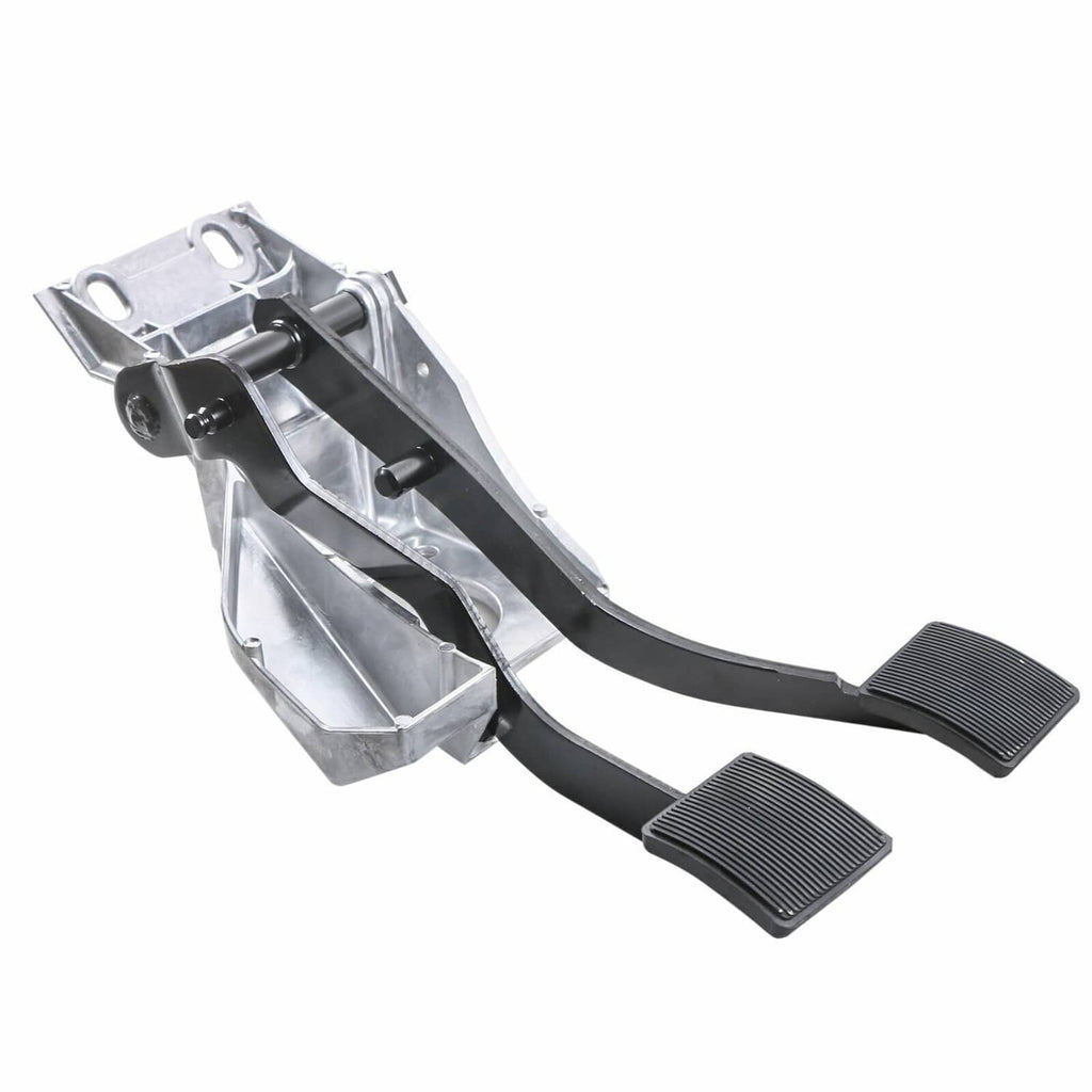 Brake clutch pedal bracket mount assembly with black ribbed foot pedals and metal frame