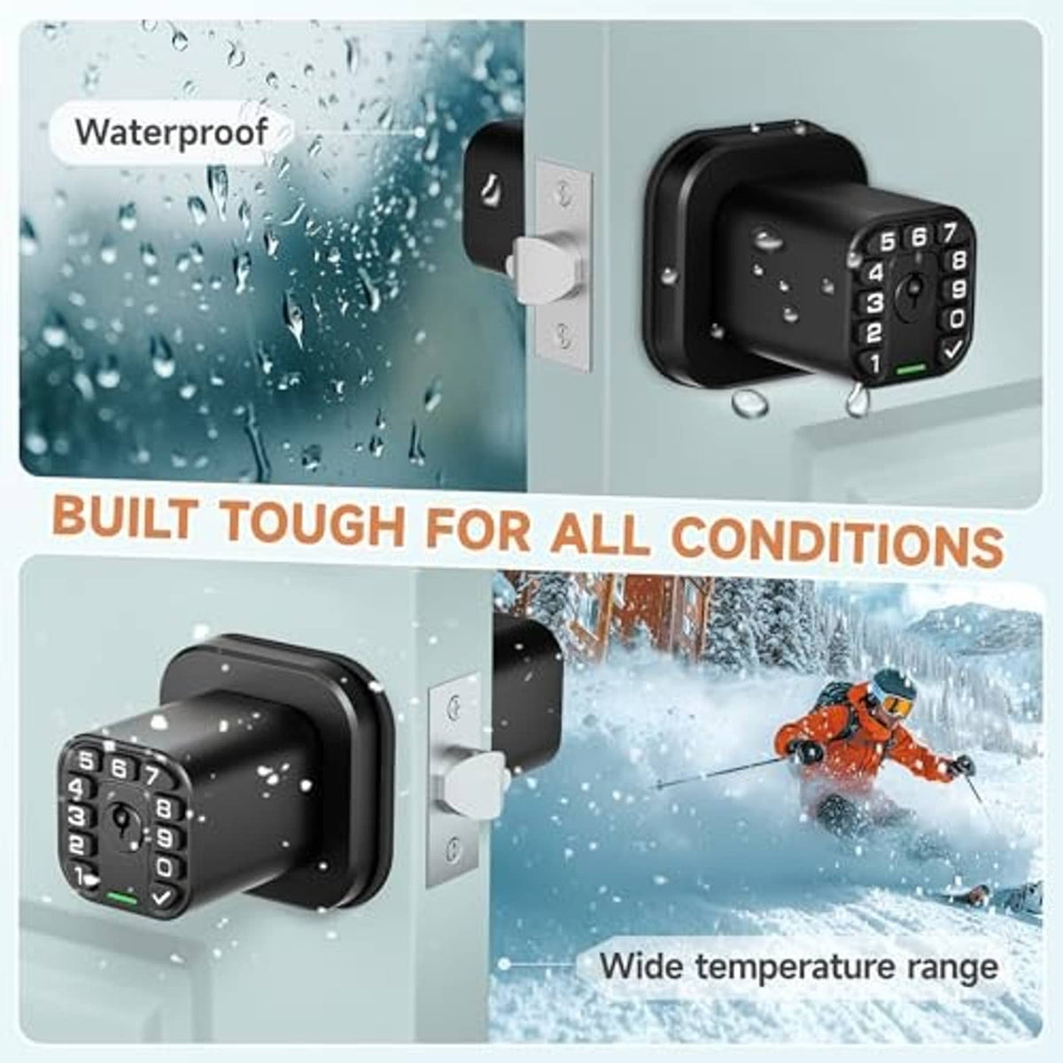 Matte black keypad door lock with weatherproof design on exterior door
