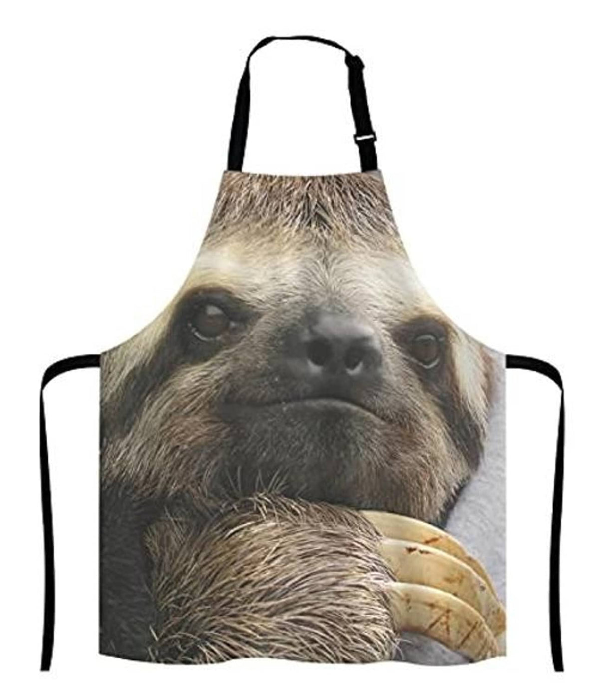 Sloth face novelty kitchen apron with black straps, full bib front design