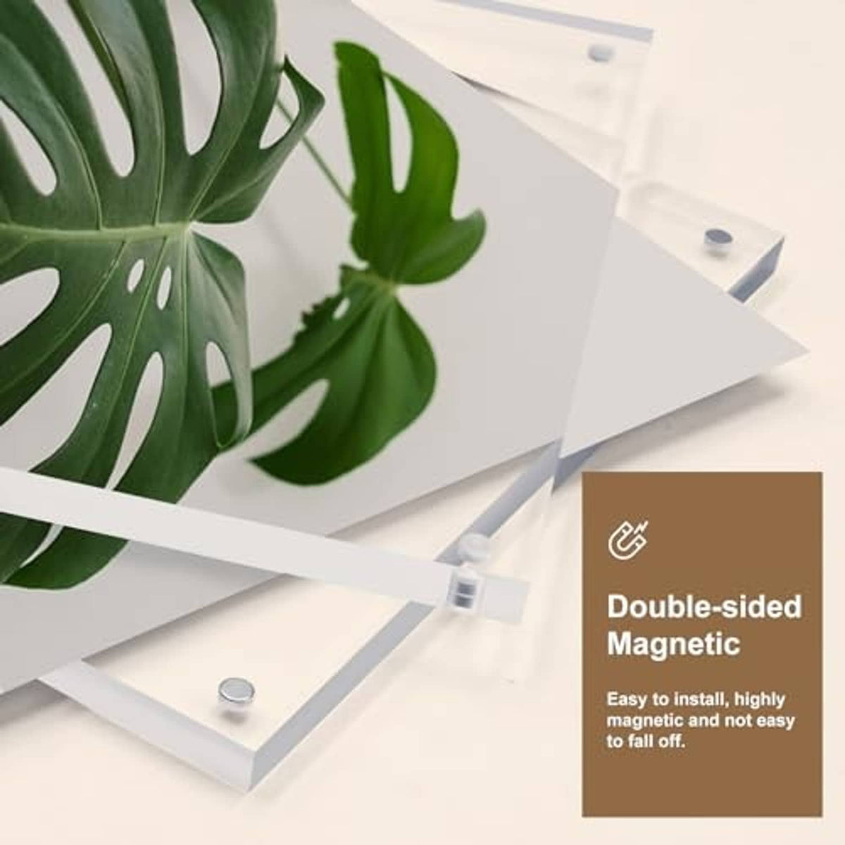 Clear acrylic double-sided picture frame with corner magnetic clips and metal fasteners