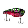 Blade bait fishing lure in magenta and red with green-black eye, two treble hooks