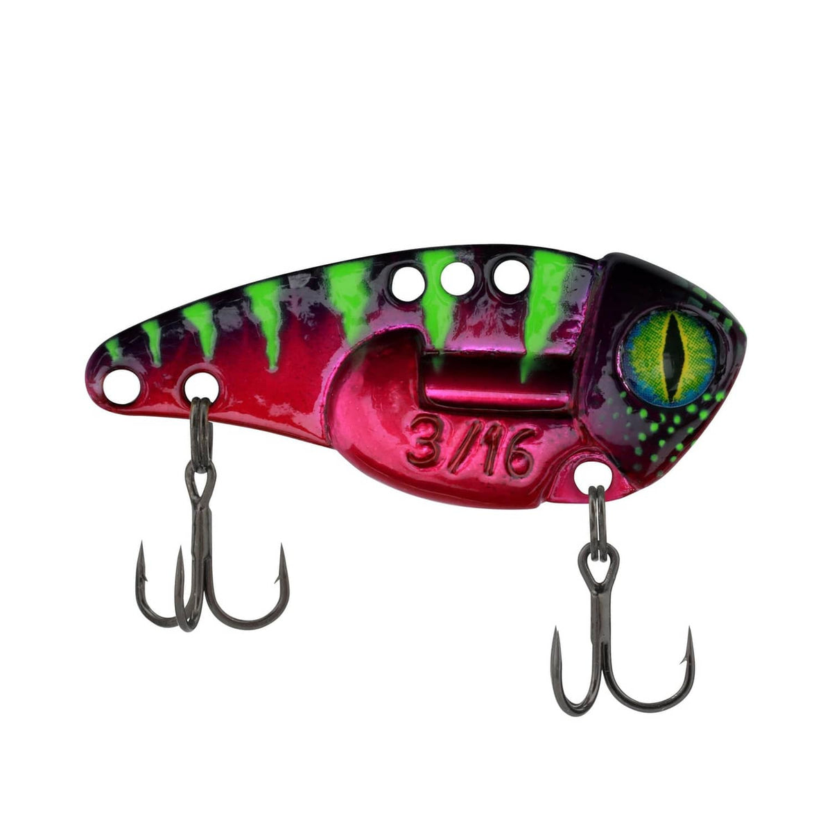 Blade bait fishing lure in magenta and red with green-black eye, two treble hooks