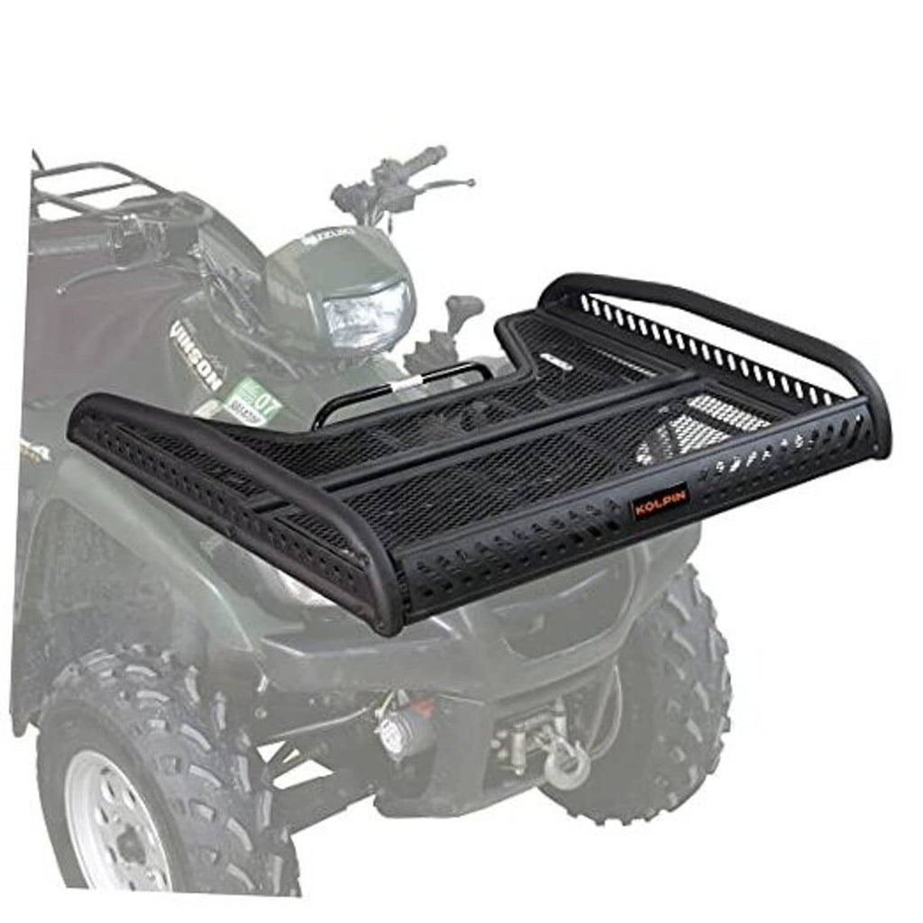 Black ATV flat rack with mesh platform and raised side rails
