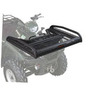 Black ATV flat rack with mesh platform and raised side rails