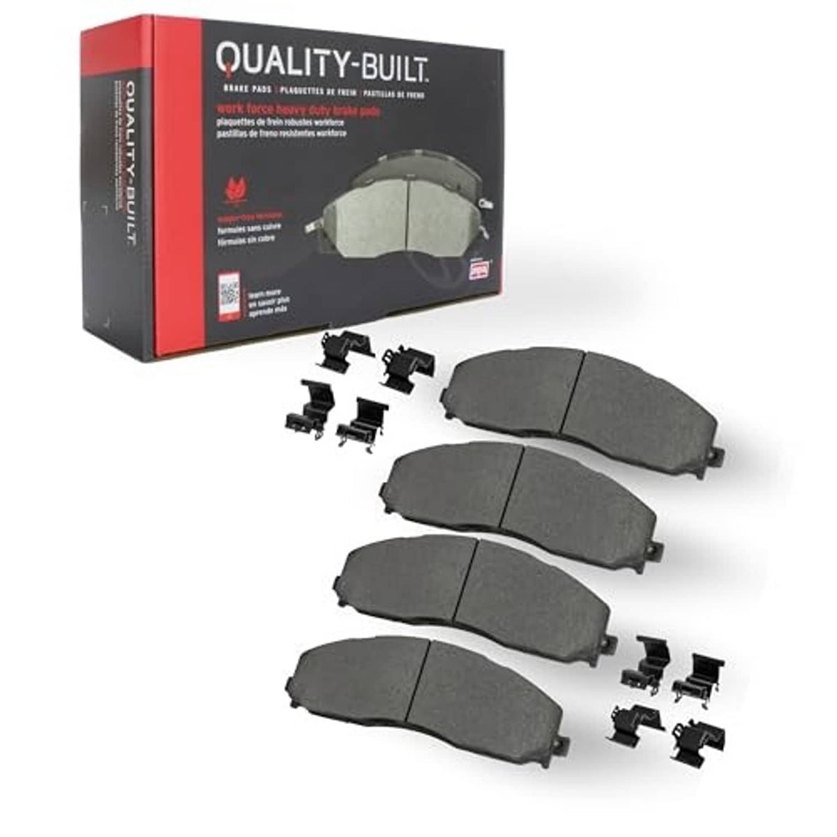 Front semi-metallic brake pads set with mounting hardware; gray pads with backing plates