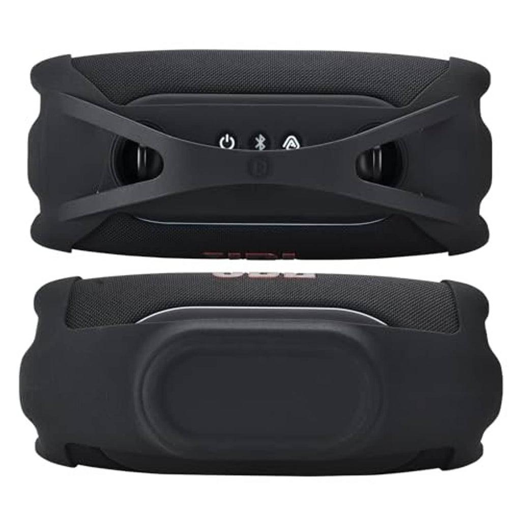 Black silicone speaker cover with textured fabric and front grille protection