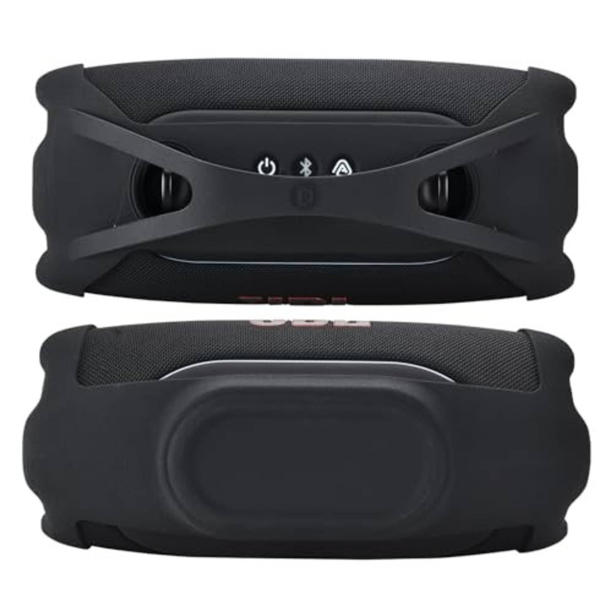 Black silicone speaker cover with textured fabric and front grille protection