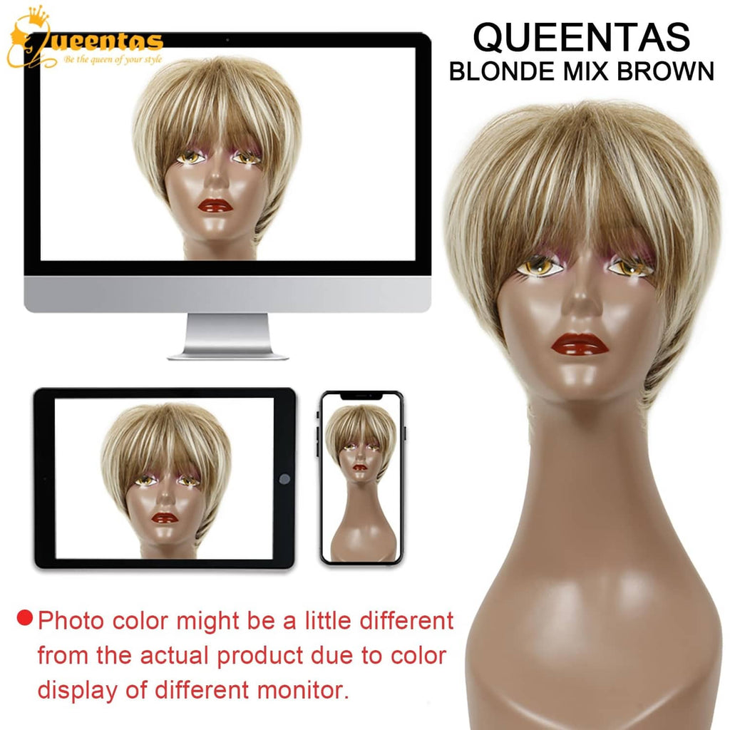 Short blonde mix brown pixie wig with full fringe bangs and layered layers