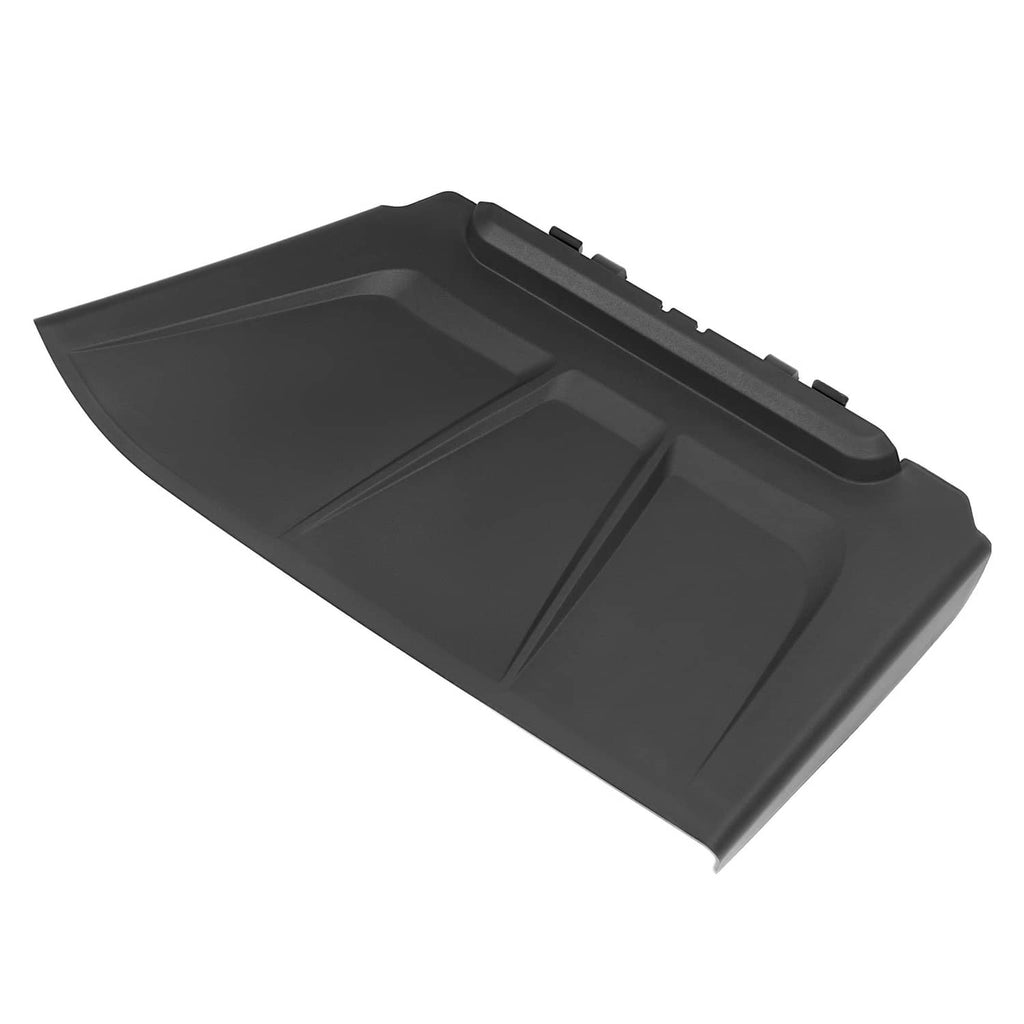 Black discharge chute angled view with textured top panel and spout opening.