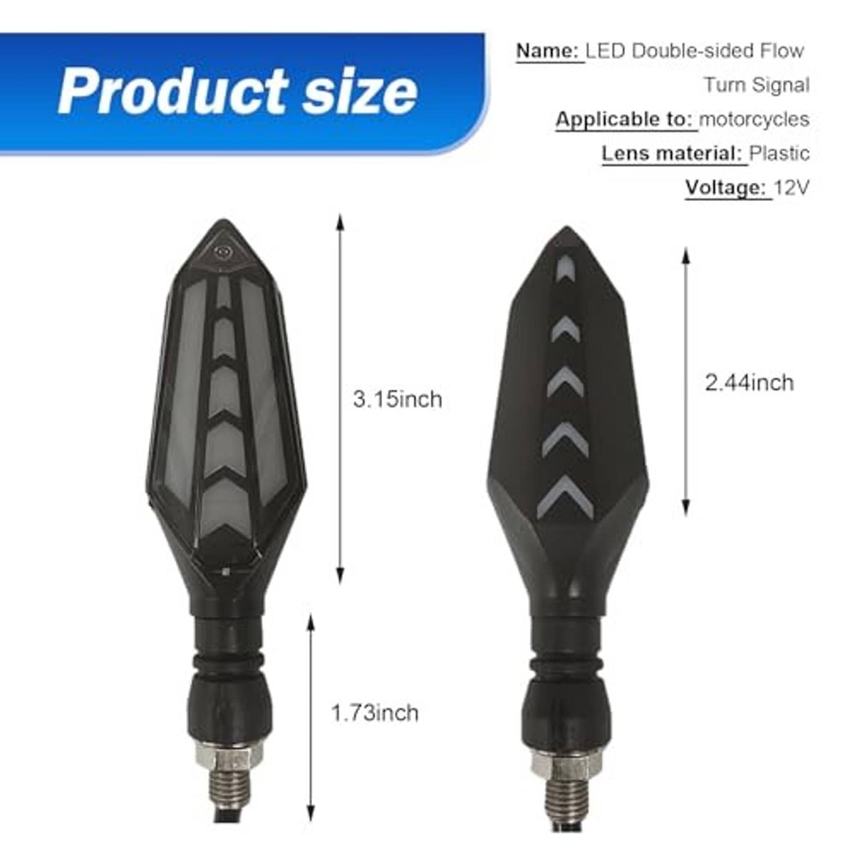 Black LED double-sided flow turn signal indicators with tapered body and threaded mounting