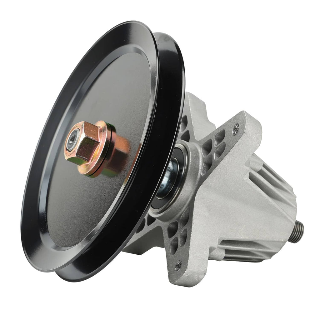 Spindle assembly with black pulley, silver housing, and bronze center bolt