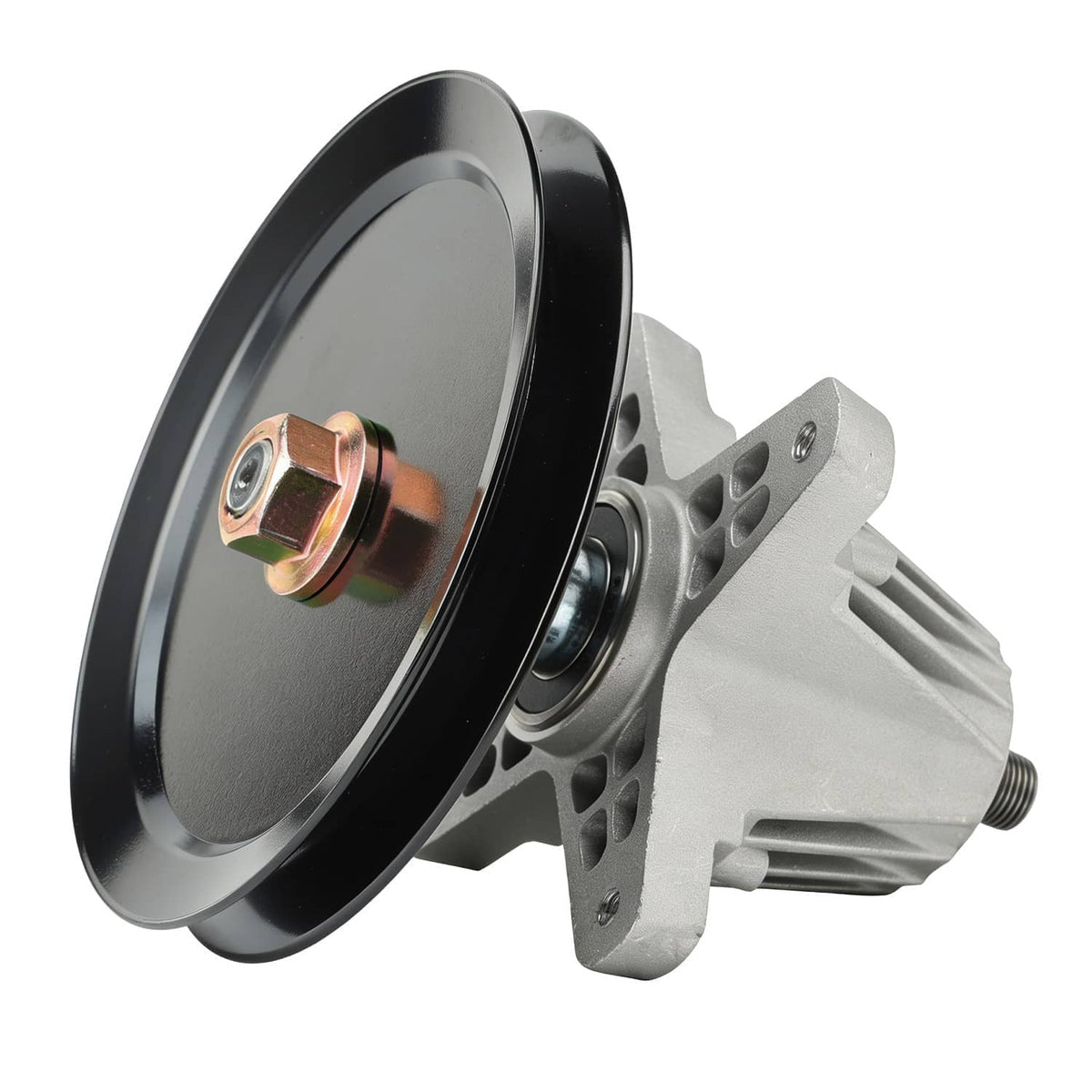Spindle assembly with black pulley, silver housing, and bronze center bolt