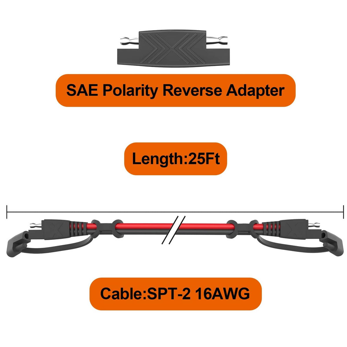 SAE polarity reverse adapter extension cable, 25 ft, 16AWG SPT-2