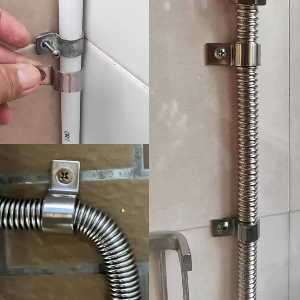 One-hole pipe clamp securing a conduit to a wall panel and pipe fittings