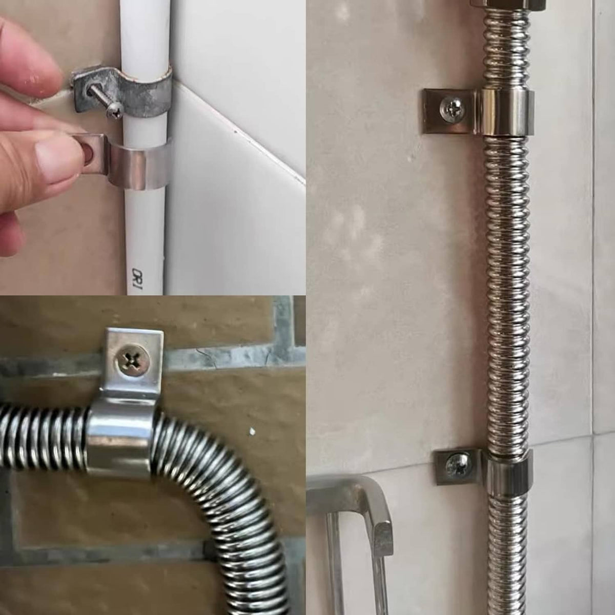 One-hole pipe clamp securing a conduit to a wall panel and pipe fittings
