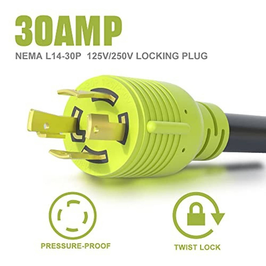 30A NEMA L14-30P locking generator plug on green adapter cord